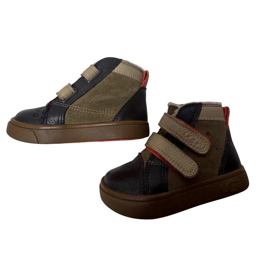 UGG Kids Rennon II Brown Olive Leather High Top Sneakers Hook Loop Straps Sz 6